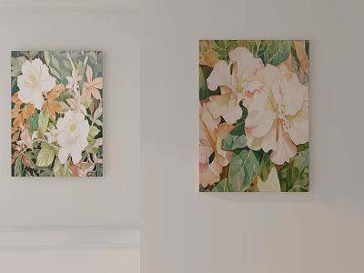Vibrant Botanical Paintings Featuring White Pink Flowers and Green Leaves as Wall Art 3d model