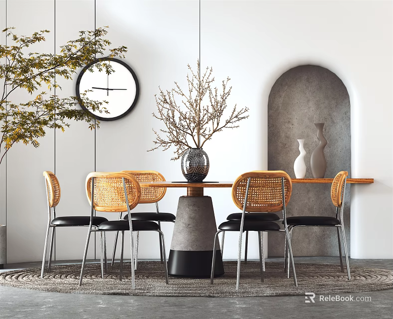 Modern Dining Table Set With Wicker Chairs Round Clock Decorative Branches And Arched Niche 3d model