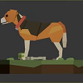 Low Poly Dog Model With Red Collar On Green Platform And Small Toys
