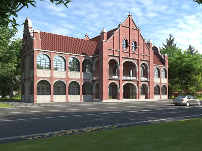 Red Brick European style Architecture With Arched Windows Red Roof Green Trees And Car Parked Nearby 3d model