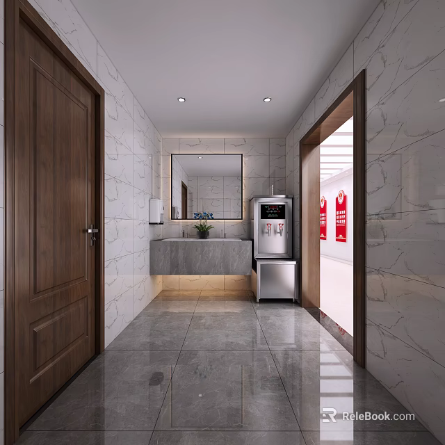 Modern Staff Pantry With Marble Walls Sink Refrigerator Mirror And Modern Design 3d model 
