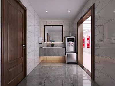 Modern Staff Pantry With Marble Walls Sink Refrigerator Mirror And Modern Design 3d model