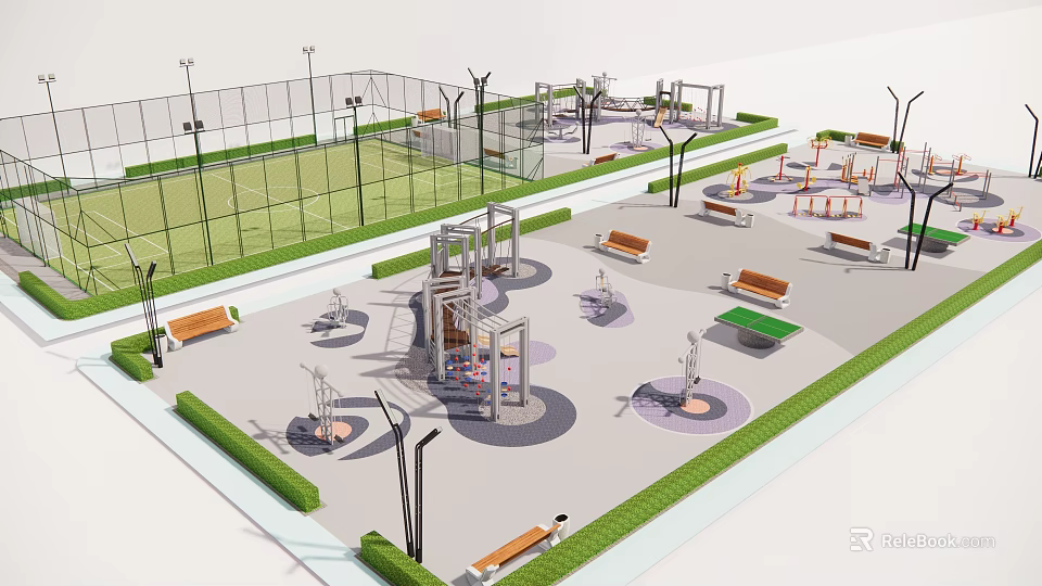 Outdoor Sports Equipment In Public Fitness Area With Tennis Court Benches And Green Spaces 3d model 