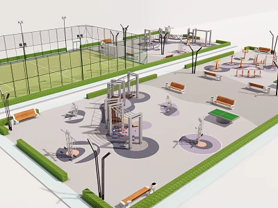 Outdoor Sports Equipment In Public Fitness Area With Tennis Court Benches And Green Spaces 3d model