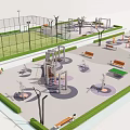 Outdoor Sports Equipment In Public Fitness Area With Tennis Court Benches And Green Spaces