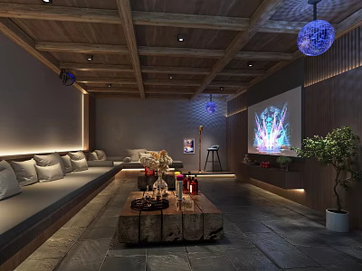 Cozy KTV Interior Design With Wooden Ceiling Comfortable Sofa Large Screen And Blue Spherical Lights 3d model