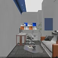 Modern Functional Office Interior With Neat Workstations Cozy Lounge Area And Colorful Storage Shelves