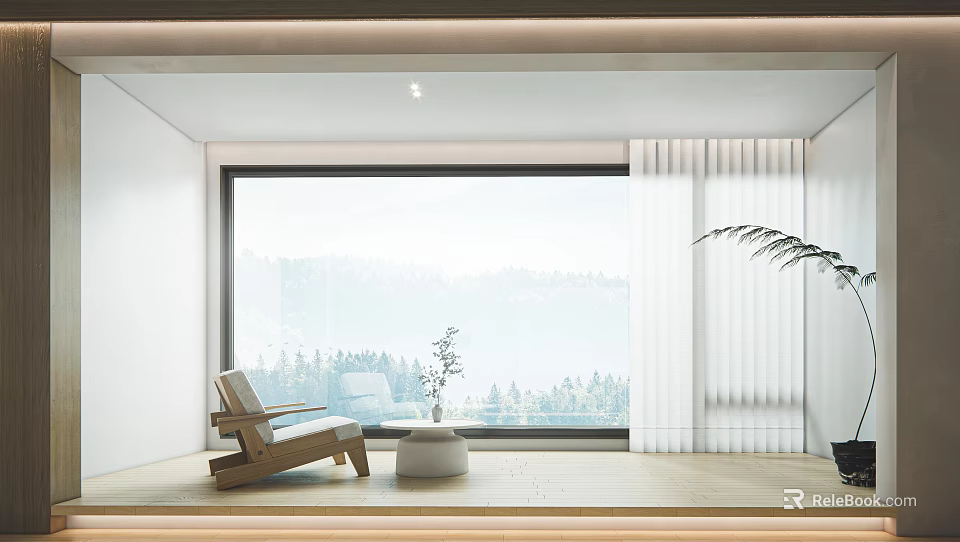 Cozy Home Balcony With Large Window Wooden Chair Small Table And Natural Mountain View 3d model 