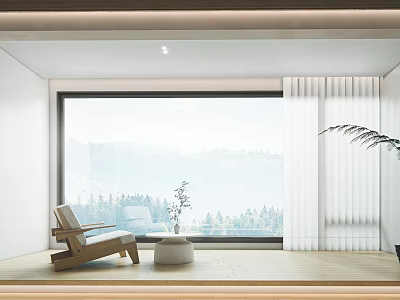 Cozy Home Balcony With Large Window Wooden Chair Small Table And Natural Mountain View 3d model