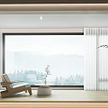 Cozy Home Balcony With Large Window Wooden Chair Small Table And Natural Mountain View