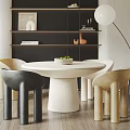 Modern Restaurant Interior With Round White Dining Table Black Beige Chairs Shelf And Floor Lamp