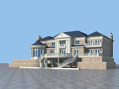 European Style Detached Villa With Stone Exterior Dark Roof And Balcony Steps 3d model