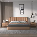 Modern Luxury Bedroom With Leather Headboard Double Bed Gray Orange Bedding Nightstand Wall Art Carpet