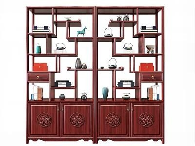 Traditional Chinese Dark Wood Multi tiered Display Shelf With Carved Panels And Decorative Items 3d model