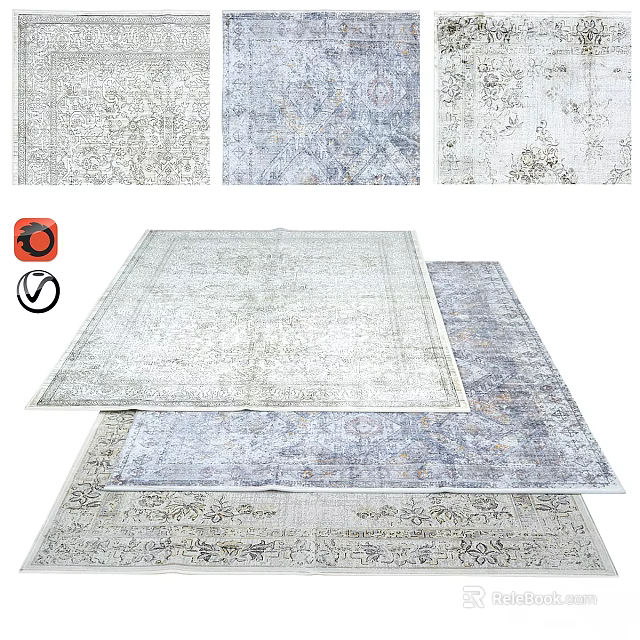Elegant Square Rugs With Traditional Patterns In Neutral And Blue Tones 3d model