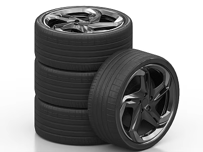 Black Car Tires With Alloy Wheels Stacked And Leaning On White Background 3d model