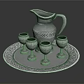 Silver Pitcher and Goblets Set on Ornate Tray with Intricate Patterns for Home Use