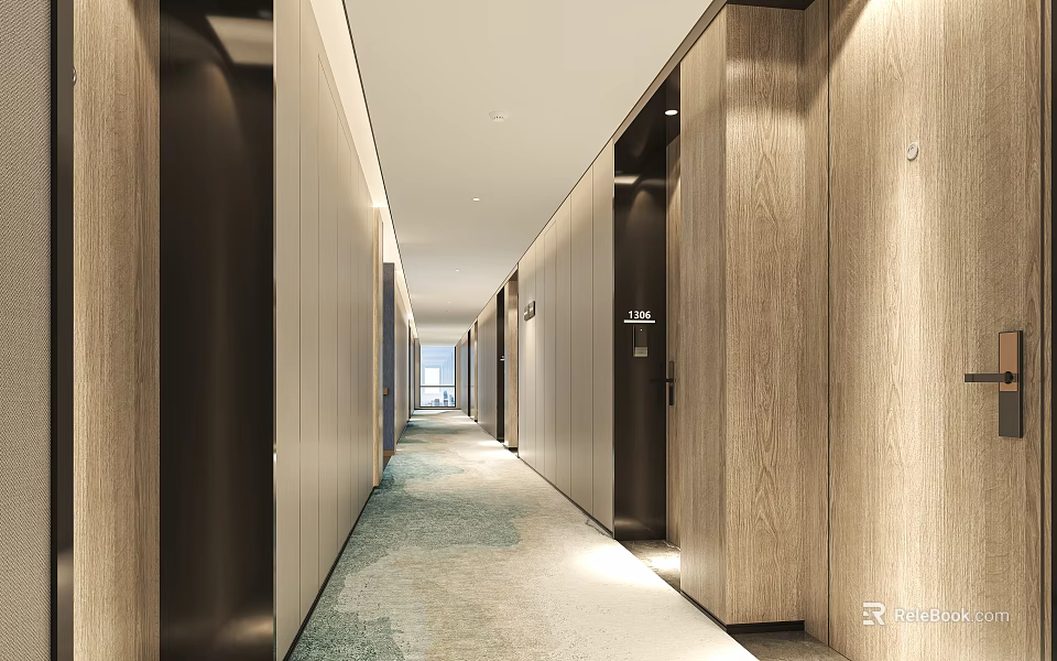 Modern Hotel Corridor Interior With Wooden Walls Carpeted Floor And Ceiling Lights 3d model 