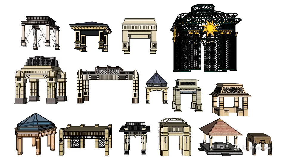 Various Garden Pavilion Structures With Different Roof And Column Designs 3d model