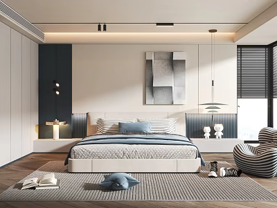 Modern Children's Room Interior With Cozy Bed Striped Rug Accent Chair And Decorative Art 3d model