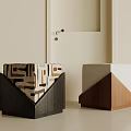 Modern Two Square Stools With Geometric Fabric And Wooden Bases In Interior Entryway