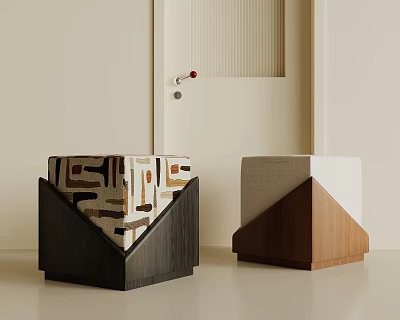 Modern Two Square Stools With Geometric Fabric And Wooden Bases In Interior Entryway 3d model