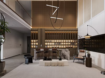 Modern Restaurant Interior With Hanging Pendant Lights Dining Tables Bar Counter And Decorative Plants 3d model