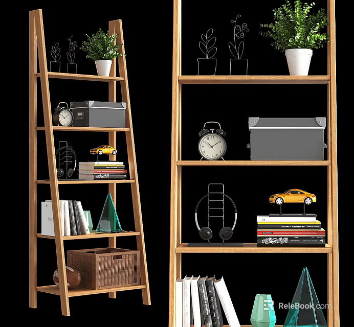 Wooden Multi tiered Shelving Unit With Books Storage Boxes Plants And Decorative Items 3d model 
