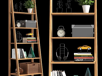 Wooden Multi tiered Shelving Unit With Books Storage Boxes Plants And Decorative Items 3d model