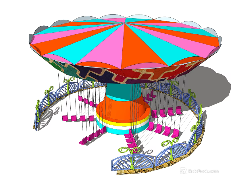 Colorful Amusement Swing Ride With Umbrella Shaped Top Pink Hanging Seats And Circular Railing 3d model 