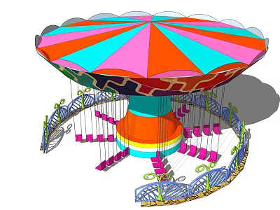 Colorful Amusement Swing Ride With Umbrella Shaped Top Pink Hanging Seats And Circular Railing 3d model