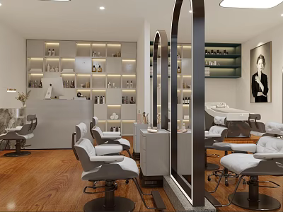 Modern Hair And Beauty Salon Interior Design With Styling Chairs Mirrors And Shelves 3d model