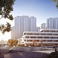 Modern School Building Complex With Green Roofs Courtyard And Surrounding High Rise Buildings