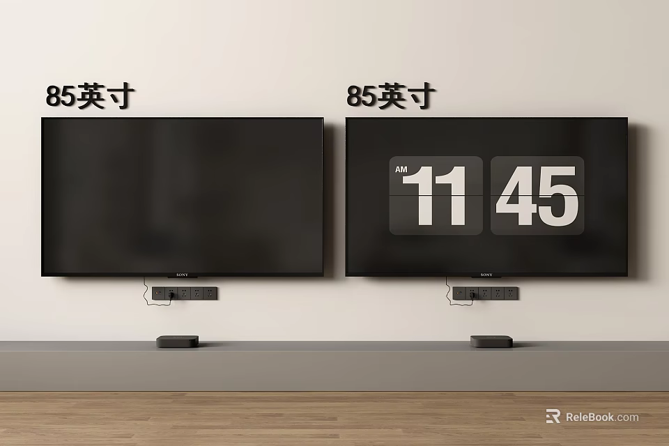 Two 85 Inch TVs Mounted on Wall Displaying 11 45 Time on Screens 3d model 