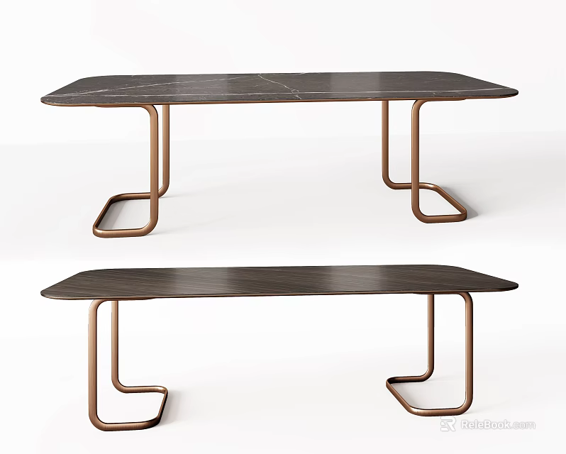 Modern Minimalist Dining Table With Dark Marble Top And Copper Metal Legs 3d model 