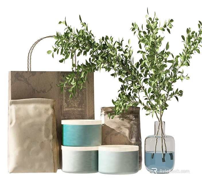 Decorative Ornament Set With Green Plants Paper Bags Cloth Bags Lidded Jars And Vase 3d model 