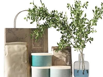 Decorative Ornament Set With Green Plants Paper Bags Cloth Bags Lidded Jars And Vase 3d model