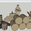 Military Weapon With Soldier Ammunition Boxes Sandbags Barrels Fences And Tires