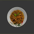Delicious Yellow Noodles With Meat Slices And Green Leaf Garnish On White Floral Plate