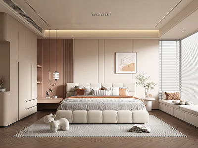 Modern Bedroom Interior With White Bed Nightstand Pendant Light Decorative Painting And Window Blinds 3d model