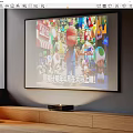 Large Wall Mounted TV Displaying Mario Game Content With Wooden TV Stand