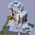 Modern Office Building Featuring Glass Facade Geometric Design And Landscaped Gardens