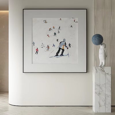 Abstract Painting Featuring Skiing People In Black Frame Marble Pedestal Blue Sphere White Sculpture 3d model