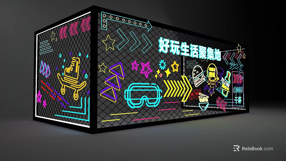 Fun Lifestyle Hub With Vibrant Neon Lights Colorful Patterns Stars Arrows Skateboard VR Goggles 3d model 