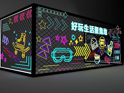 Fun Lifestyle Hub With Vibrant Neon Lights Colorful Patterns Stars Arrows Skateboard VR Goggles 3d model