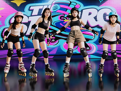 Women Wearing Roller Skates Helmets And Protective Gear On Colorful Graffiti Background 3d model