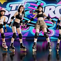 Women Wearing Roller Skates Helmets And Protective Gear On Colorful Graffiti Background