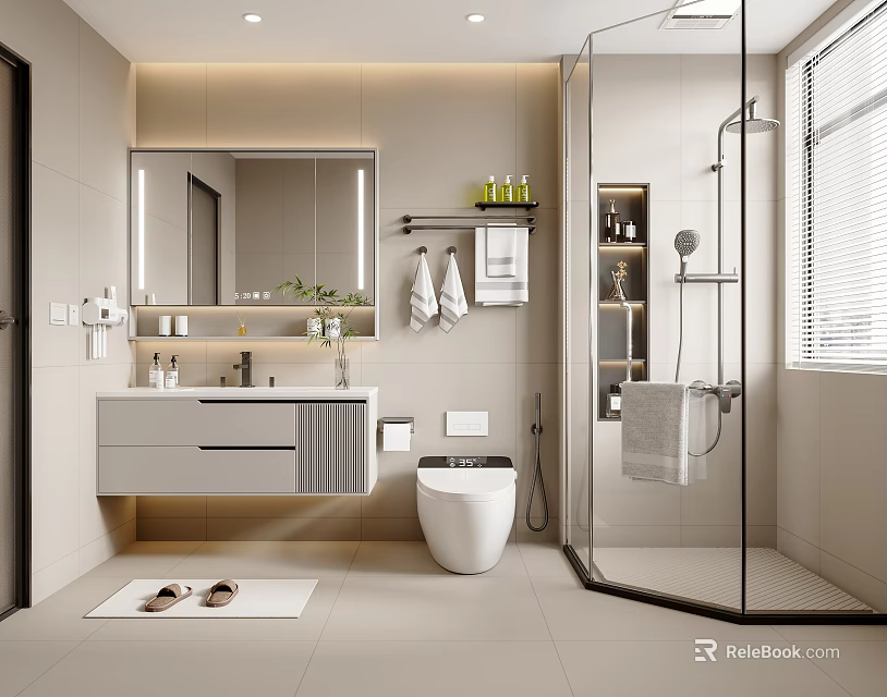 Modern Bathroom Interior With Wall Mounted Vanity Mirror Smart Toilet And Glass Shower 3d model 