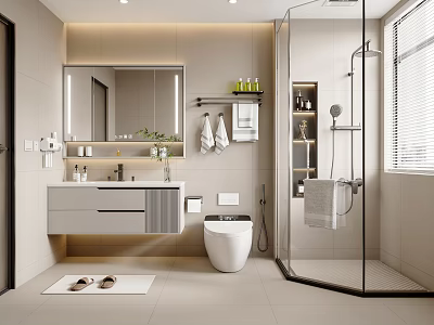 Modern Bathroom Interior With Wall Mounted Vanity Mirror Smart Toilet And Glass Shower 3d model