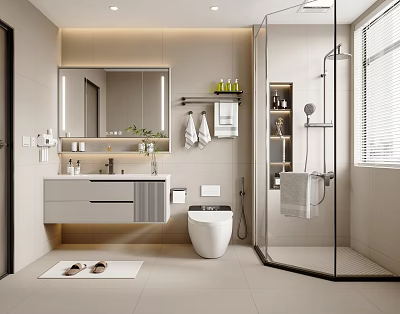 Modern Bathroom Interior With Wall Mounted Vanity Mirror Smart Toilet And Glass Shower 3d model